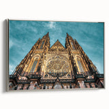 Framed canvas of a vintage Prague landscape with colorful art on a black backdrop, ideal for living room decor.