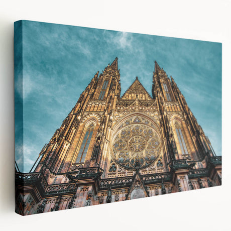 Panoramic view of Prague skyline on stretched canvas, in muted earth tones, suitable for kitchen wall art.