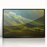 Large abstract wall art depicting a European cityscape in muted grays and blues, framed in black acrylic.