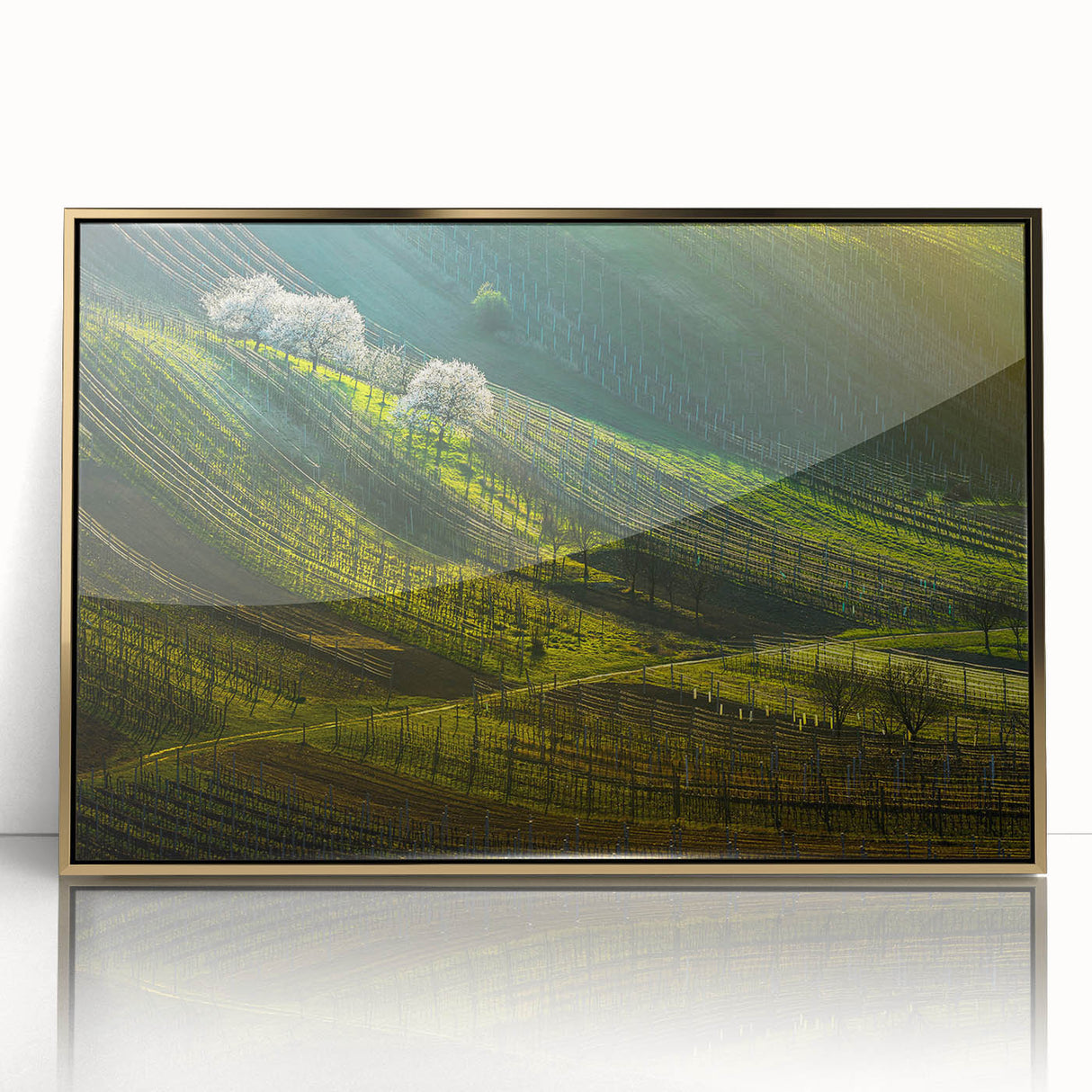 Art deco poster of a Czech Republic landscape in muted gold and blue tones, framed acrylic, ideal for modern art wall decor.