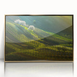 Art deco poster of a Czech Republic landscape in muted gold and blue tones, framed acrylic, ideal for modern art wall decor.
