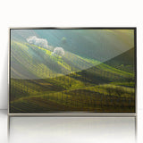 Framed acrylic print of a mid-century modernist Czech Republic scenery in muted earth tones, ideal for modern art wall decor.