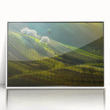 Mid-century modernist art depicting the Prague skyline in muted earth tones on a framed acrylic print.