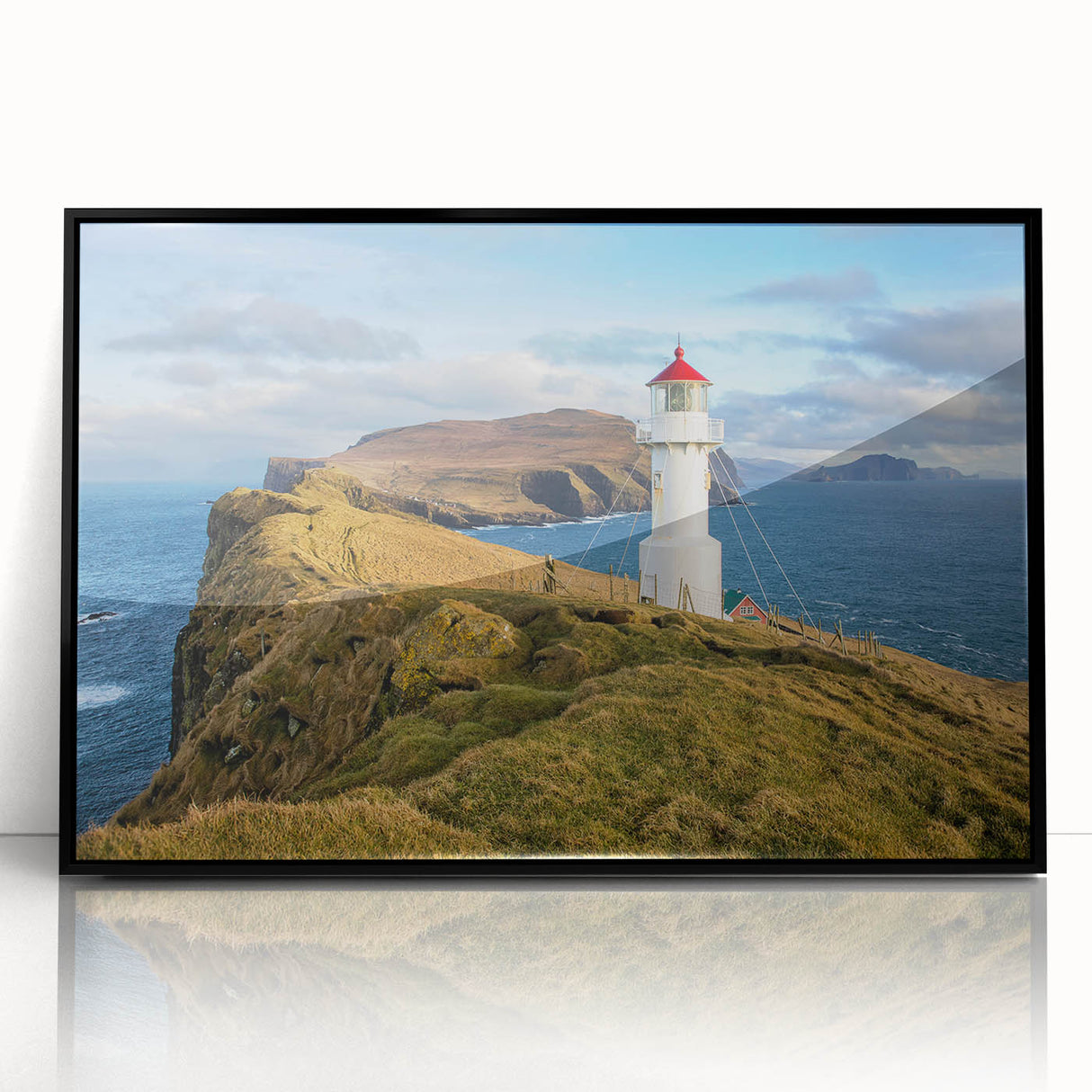 Large abstract wall art featuring a European Denmark scenery in muted gray and blue tones on a framed acrylic print.