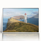 Mid-century modernist art depicting a serene Danish landscape in muted earth tones, acrylic print.