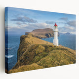 Large stretched canvas depicting a serene European Denmark landscape in muted green and blue tones.