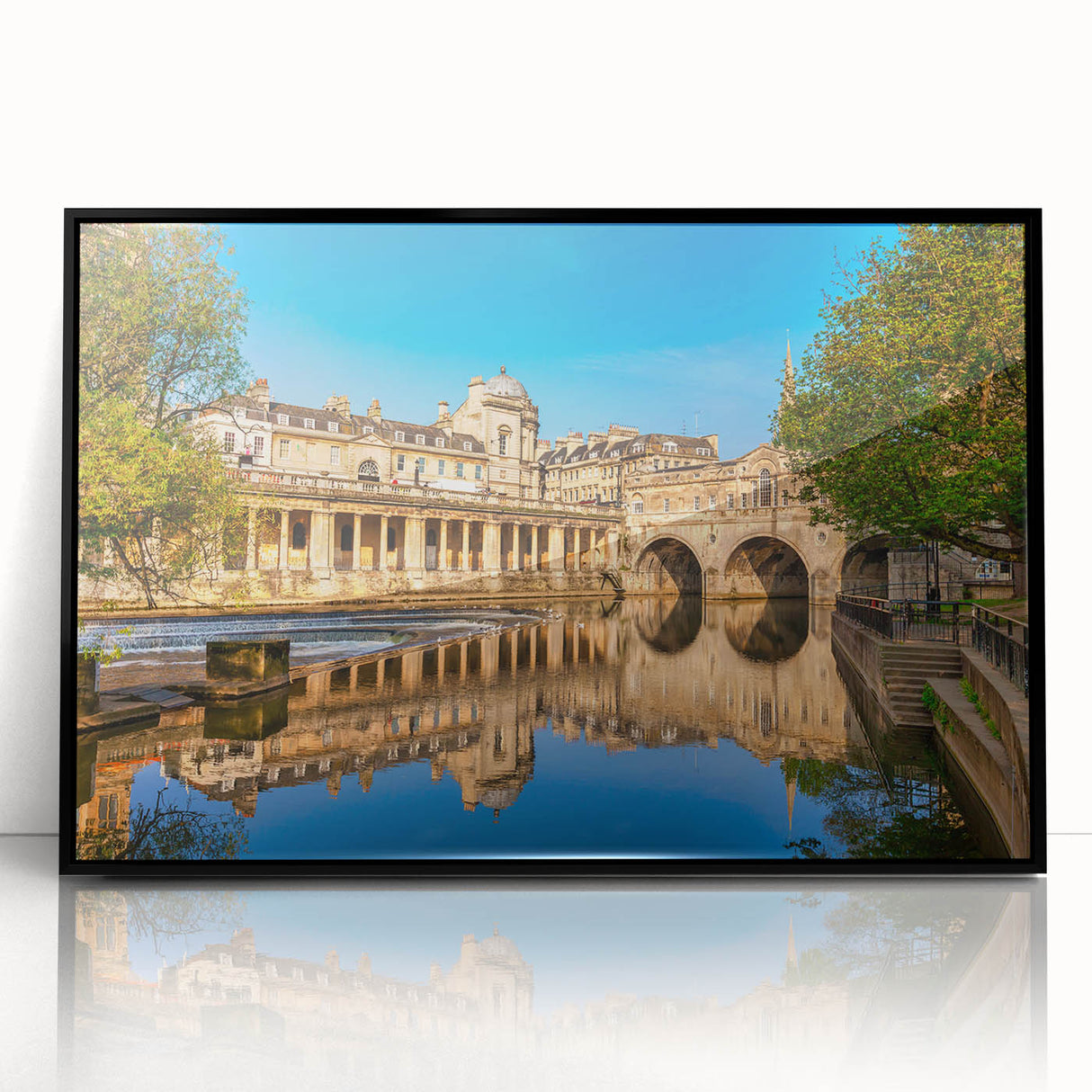 Mid-century modernist acrylic print of abstract European scenery in black frame, suitable for dining room art.