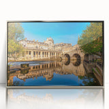 Mid-century modernist art of Bath, England, in muted gray and blue tones on a silver-framed acrylic print.