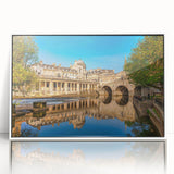 Mid-century modernist art of Bath, England in muted colors on a framed acrylic, ideal for nursery wall decor.