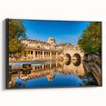 Black and white vintage poster art of Bath, England landscape on framed canvas, ideal for bedroom decor.