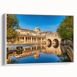 Vintage poster art of Bath, England, in colorful hues on extra-large framed canvas, ideal for living room decor.