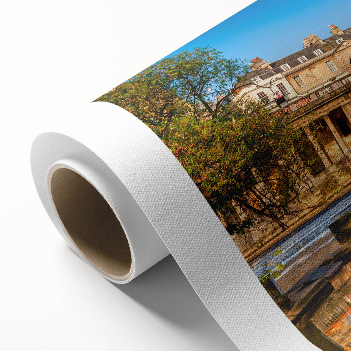 Art Deco poster of Bath, England, featuring soft pastel colors on a rolled canvas, ideal for nursery wall art.