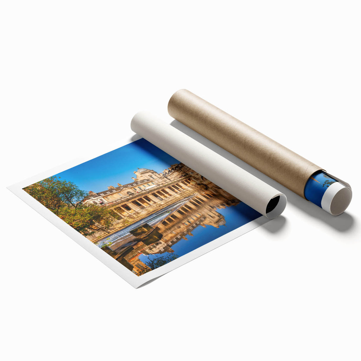 Extra large rolled print of Bath, England with floral accents in soft pastel shades, ideal for classy bathroom wall art.