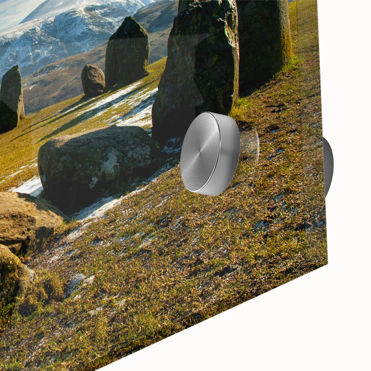 Acrylic print of a large abstract landscape in subdued earth tones, ideal for dining room art.