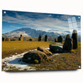 Acrylic print of a serene Cumbria landscape in muted green and blue tones, suitable for bedroom or dining room decor.
