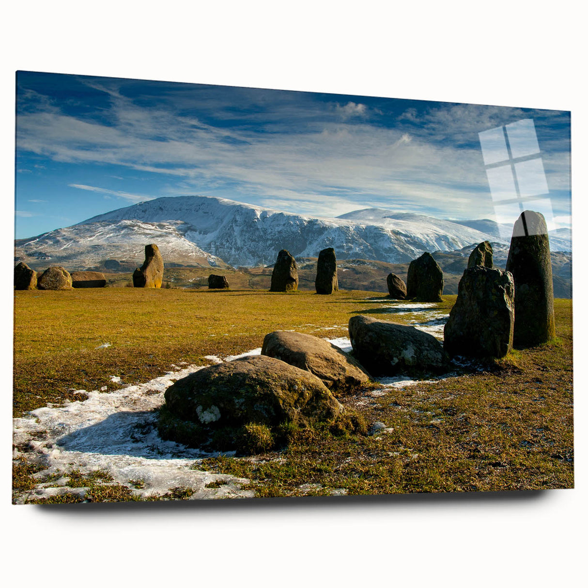 Large abstract wall art of Cumbria landscape in muted earth tones on acrylic glass, ideal for bedroom or dining room decor.