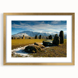 Abstract art print of Cumbria, England, featuring muted earth tones, in a gold frame, ideal for dining room decor.