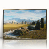 Art deco poster of Cumbria landscape in muted gold and green tones, framed acrylic, ideal for modern art wall decor.