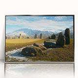 Large art print of Cumbria scenery in muted green and blue tones on silver-framed acrylic, ideal for nursery wall art.
