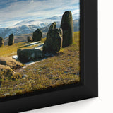 Extra large framed canvas featuring a textured depiction of a Cumbrian landscape in black with colorful art accents.