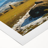 Art deco poster of Cumbria landscape in muted greens and blues on rolled canvas, suitable for dining room decor.