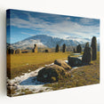 Large art depicting a serene Cumbrian landscape in muted green and blue tones on stretched canvas.