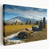 Large art depicting a serene Cumbrian landscape in muted green and blue tones on stretched canvas.