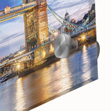 Large abstract depiction of London on acrylic glass in muted gray and blue tones, suitable for dining room art.