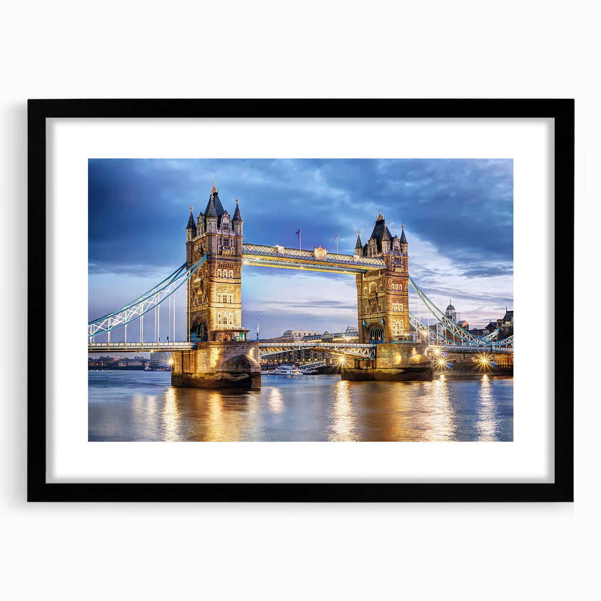 Extra large abstract print of colorful textured London scenery on a black framed mat, ideal for living room decor.