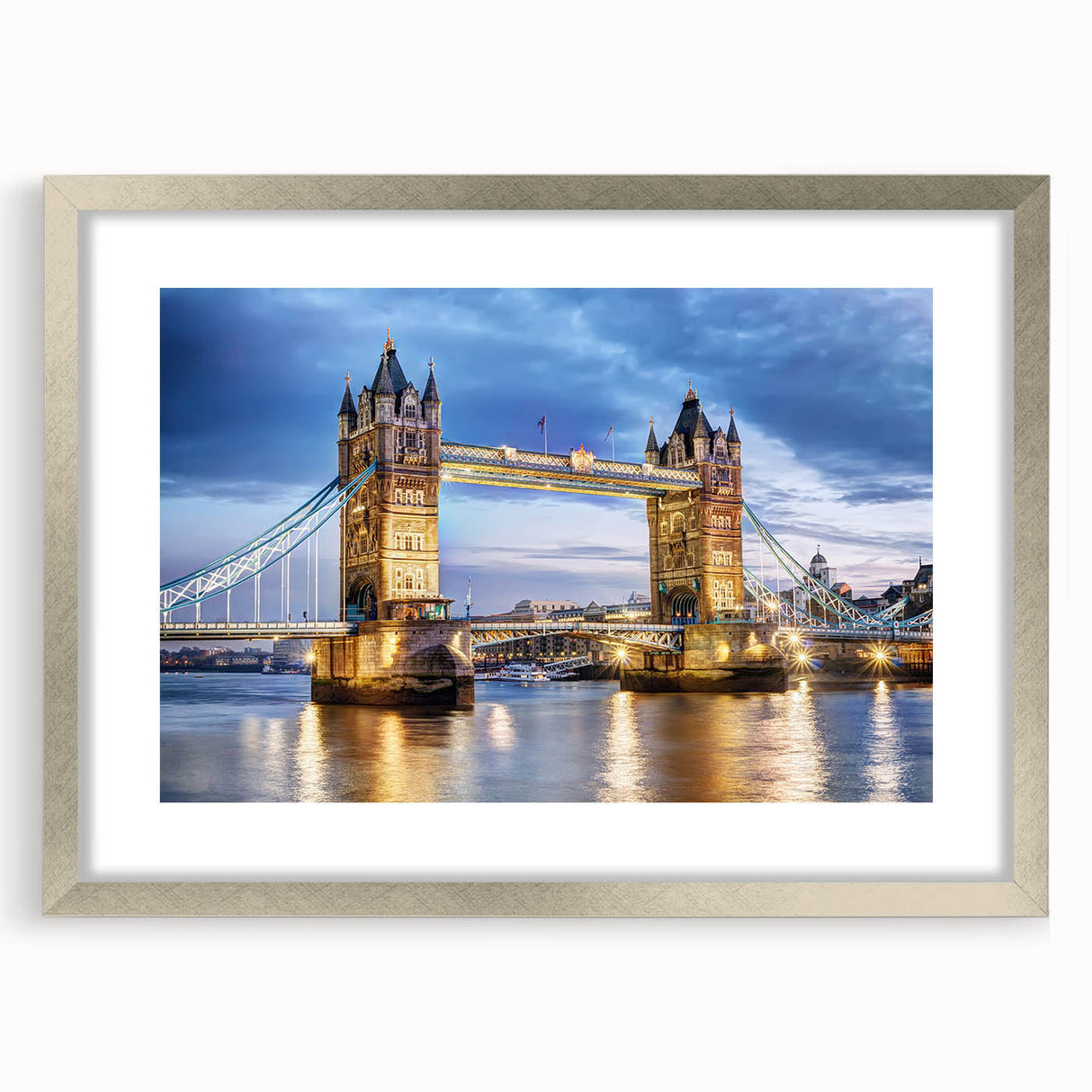 Extra large abstract art print of London scenery in muted gray and blue tones on a silver-framed canvas.