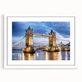 Textured abstract art print of London scenery in muted gray and blue tones, framed with a white mat, ideal for bedroom art.
