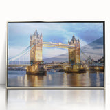 Large art print of London scenery in muted gray tones on silver-framed acrylic, suitable for modern nursery decor.