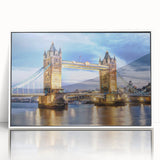 Mid-century modernist art of London skyline in muted gray and blue tones on a framed acrylic, ideal for nursery wall art.