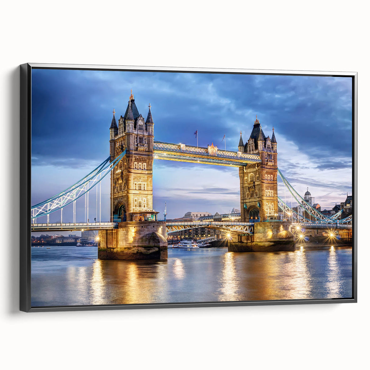 Black and white vintage poster art of London landscape on framed canvas, ideal for bedroom wall decor.