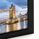 Extra large black wall art depicting a textured London skyline with colorful accents, framed canvas.