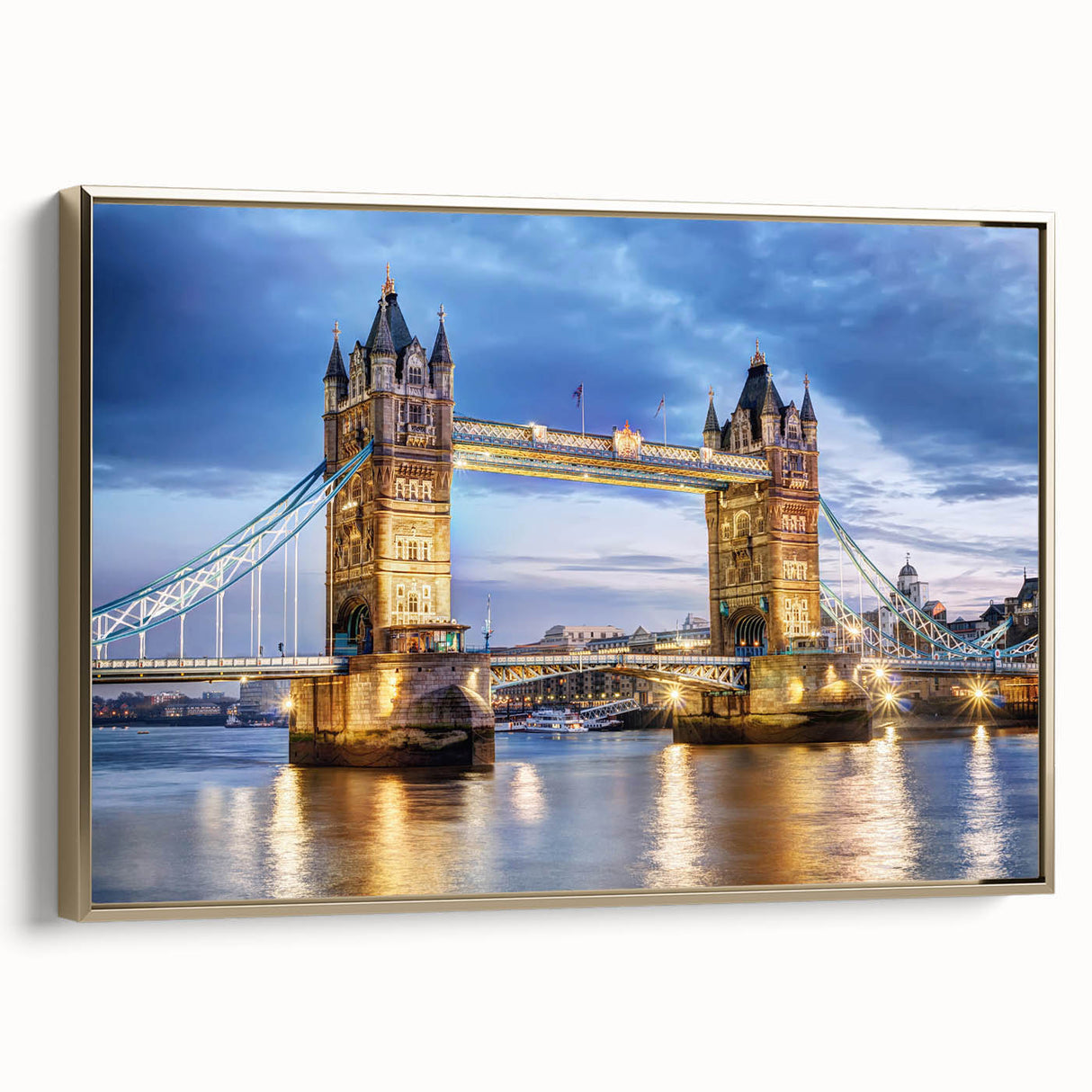 Framed canvas featuring a vintage-style London landscape in black and gold tones, ideal for bedroom wall art.