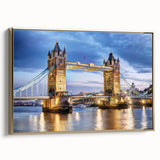 Framed canvas featuring a vintage-style London landscape in black and gold tones, ideal for bedroom wall art.