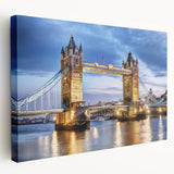 London skyline silhouette on large stretched canvas with muted gray and blue tones, suitable for kitchen wall art.