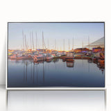 Mid-century modernist art depicting a serene Estonian landscape, in muted green and blue tones on a framed acrylic.