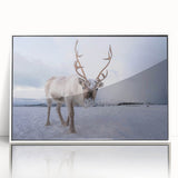 Mid-century modernist art depicting a serene Finnish landscape in muted blue and green tones, framed acrylic print.