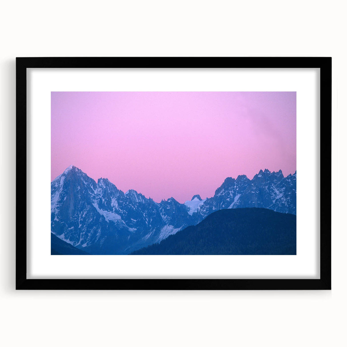 Colorful abstract art print of the French Alps in a black frame with mat, ideal for extra large wall art in the living room.