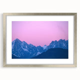 Extra large abstract art print of the French Alps in muted blues and grays, framed in silver, ideal for living room decor.
