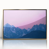 Art Deco poster of the French Alps in acrylic, framed in gold, featuring cool blue and white tones.