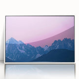 Mid-century modernist art of French Alps in muted earth tones on a framed acrylic, suitable for nursery wall art.