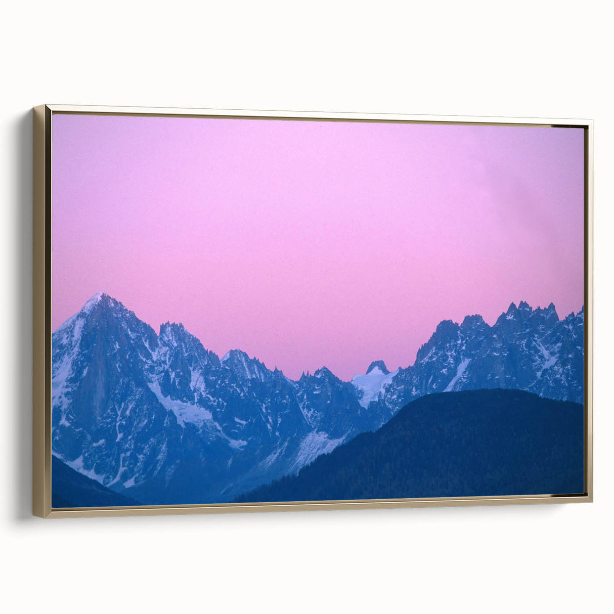 Framed canvas of a vintage-style landscape painting depicting the French Alps, with muted earth tones.