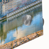 Large abstract wall art of Lyon, France in muted earth tones on acrylic glass, ideal for dining room ambiance.