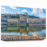 Acrylic print of Lyon, France cityscape in muted earth tones, suitable for dining room decor.
