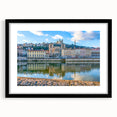 Extra large abstract art print of Lyon scenery in vibrant colors on textured canvas, framed in black.