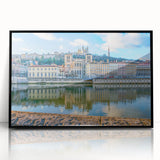 Large abstract wall art of Lyon, France in muted gray and blue tones, framed acrylic, ideal for modern living room decor.