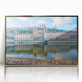 Art deco poster of Lyon, France, in muted gold and blue tones on framed acrylic, ideal for modern nursery wall art.